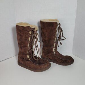 UGG Australia Uptown 5190 Tall Lace-up Boots Tan Suede Sheepskin Lined Wm's 7
